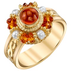 Citrine Cabochon and Pearl, 18 Karat Yellow Gold Filigree Handmade Dome Ring