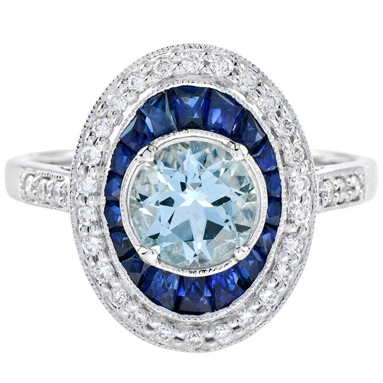 Aquamarine, Diamond and Sapphire Cocktail Ring at 1stDibs