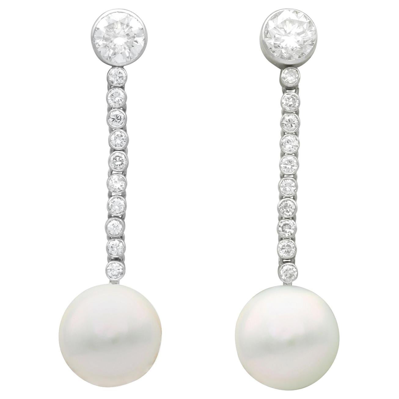 2.09 Carat Diamond and Cultured Pearl Platinum Drop Earrings