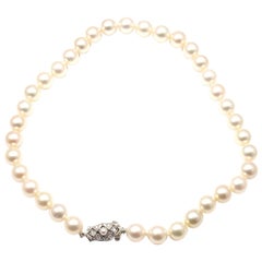 Vintage Mikimoto Cultured Graduated Akoya Pearl Diamond Gold Necklace