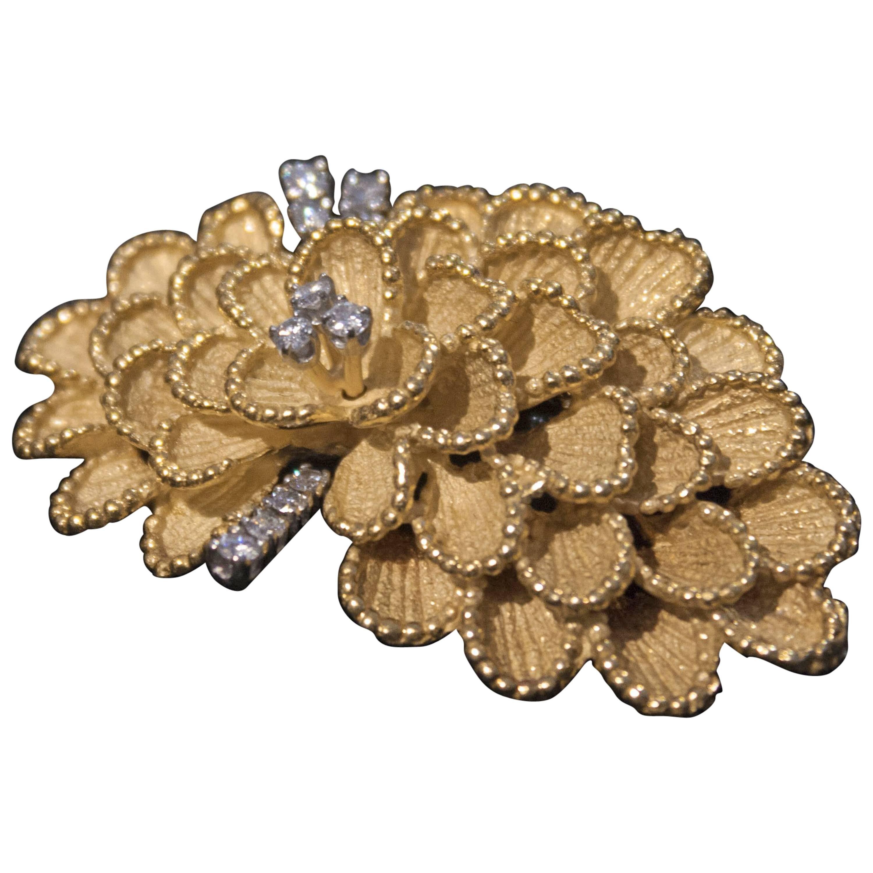 1960's Diamond Gold Brooch For Sale