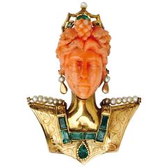 Vintage Nardi Yellow Gold Mediterranian Coral Emerald Pearl Brooch