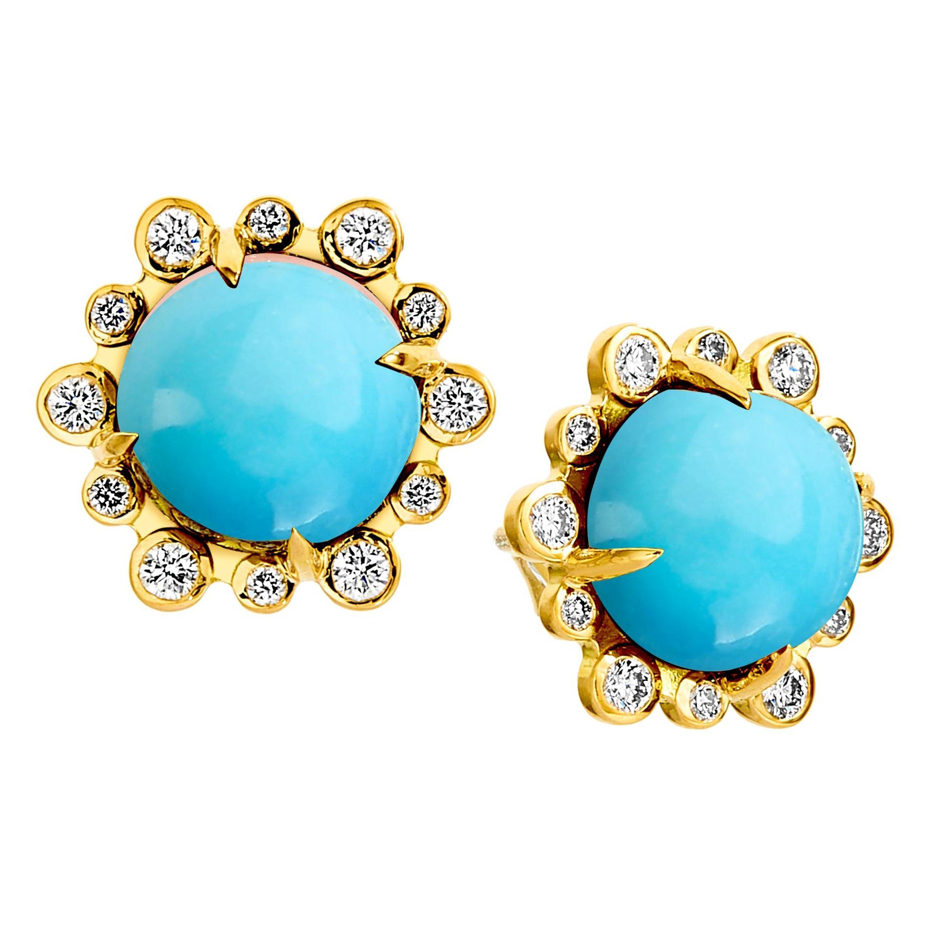 Syna Yellow Gold Turquoise Earrings with Diamonds For Sale