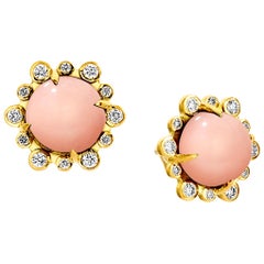 Retro Syna Yellow Gold Pink Opal Earrings with Diamonds