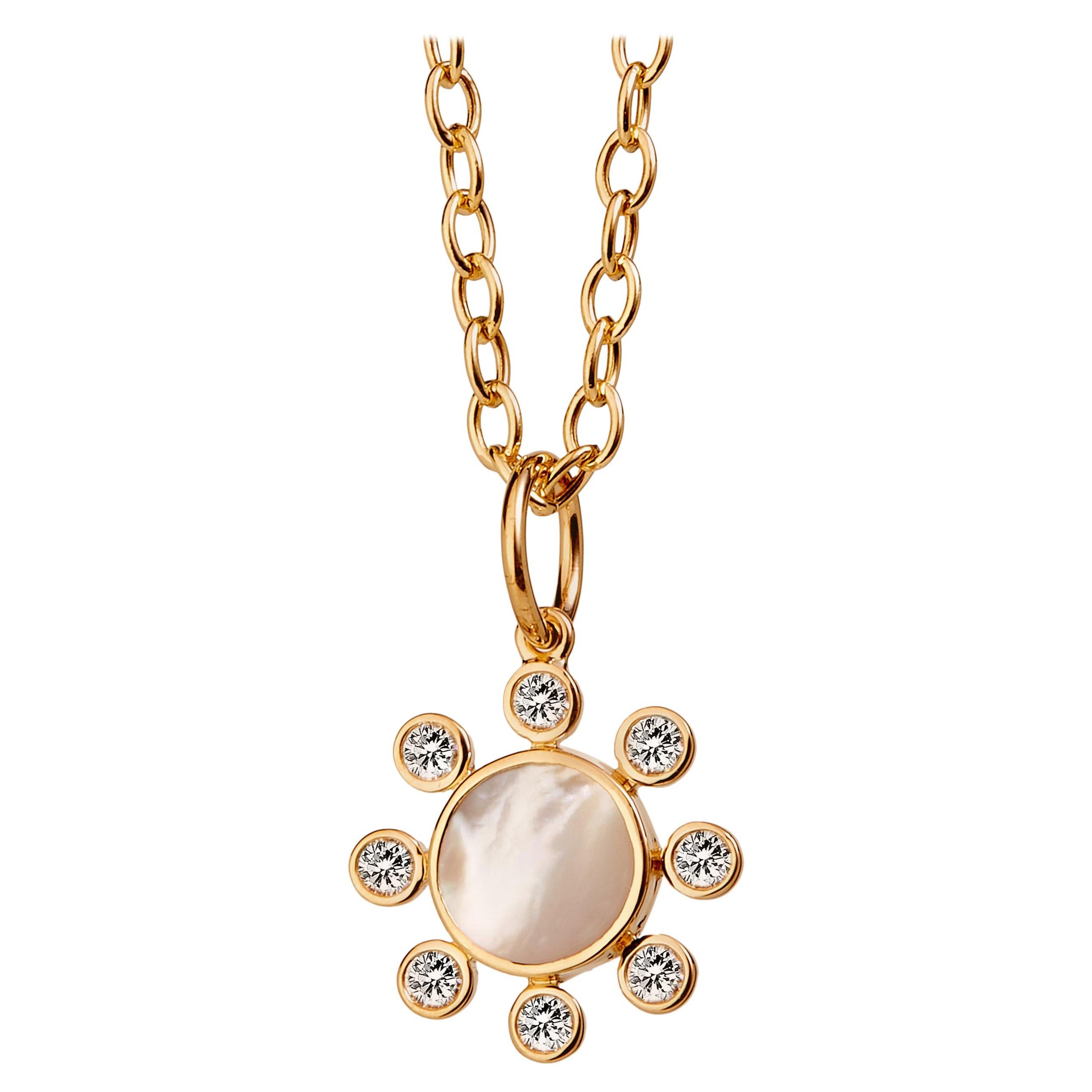 Syna Yellow Gold Mother of Pearl Pendant with Diamonds For Sale