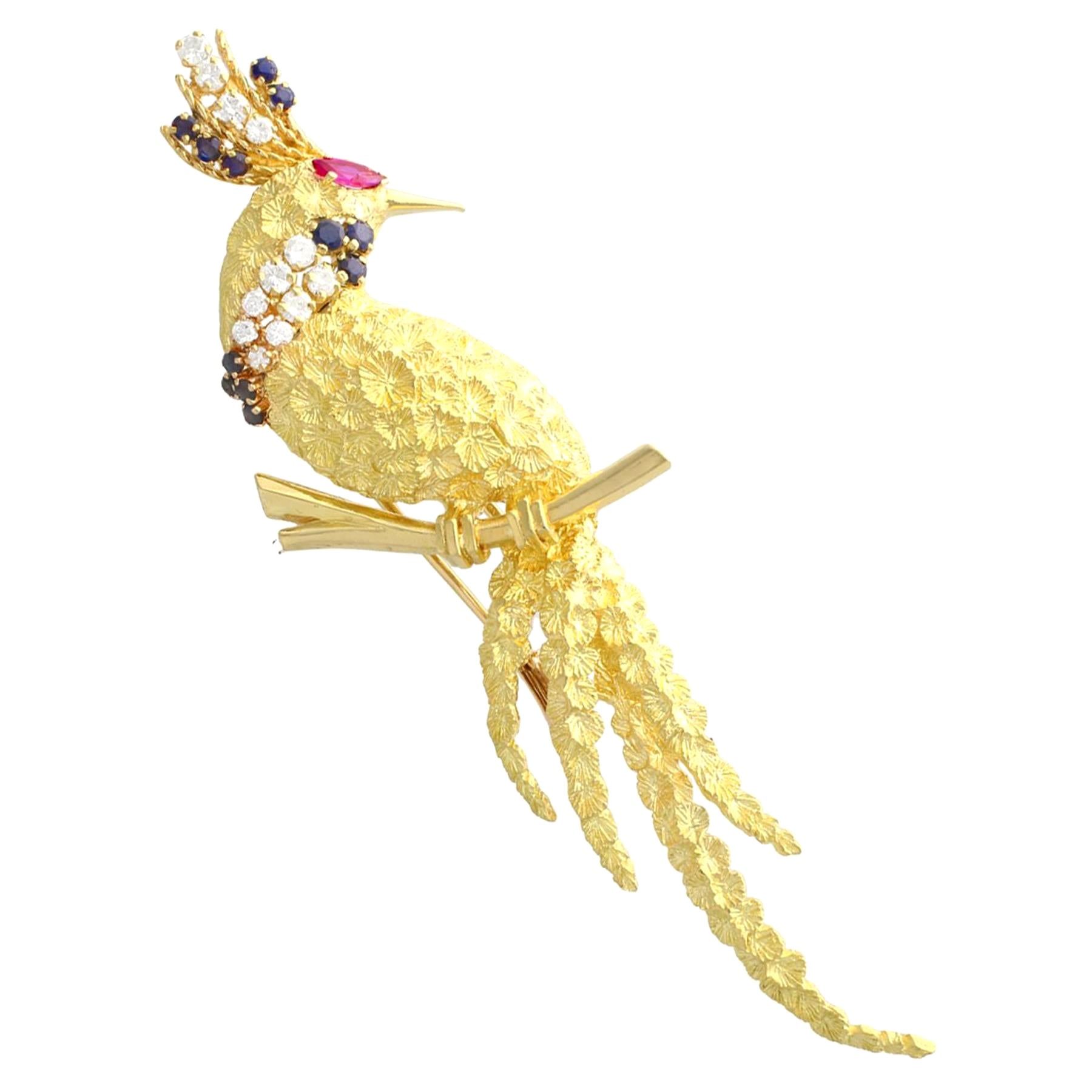 Diamond Ruby and Sapphire Yellow Gold Peacock Brooch For Sale