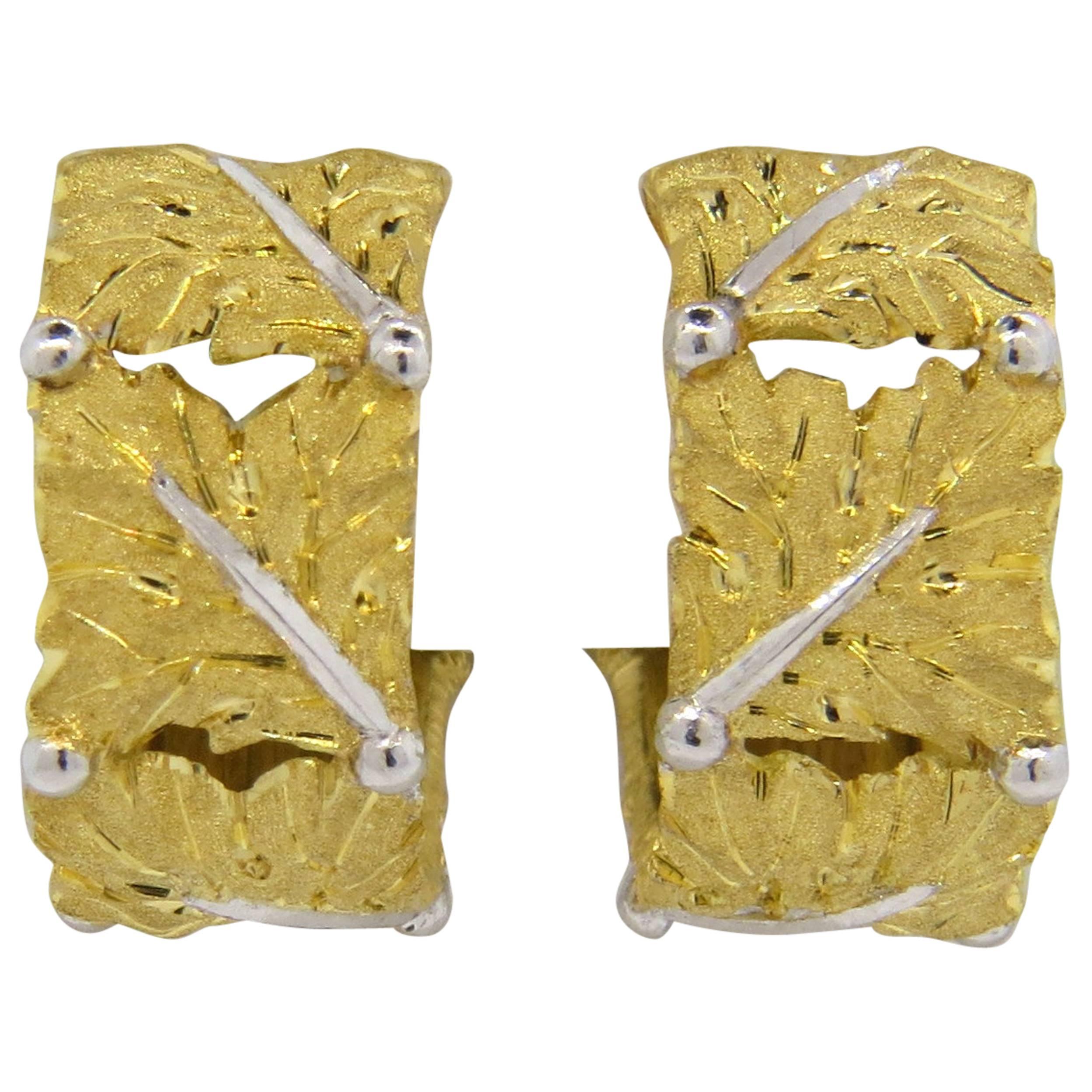 Buccellati Foglie Quadre Leaf Motif Gold Hoop Earrings 