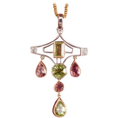 Art Deco Diamond, Peridot and Pink Tourmaline Pendant