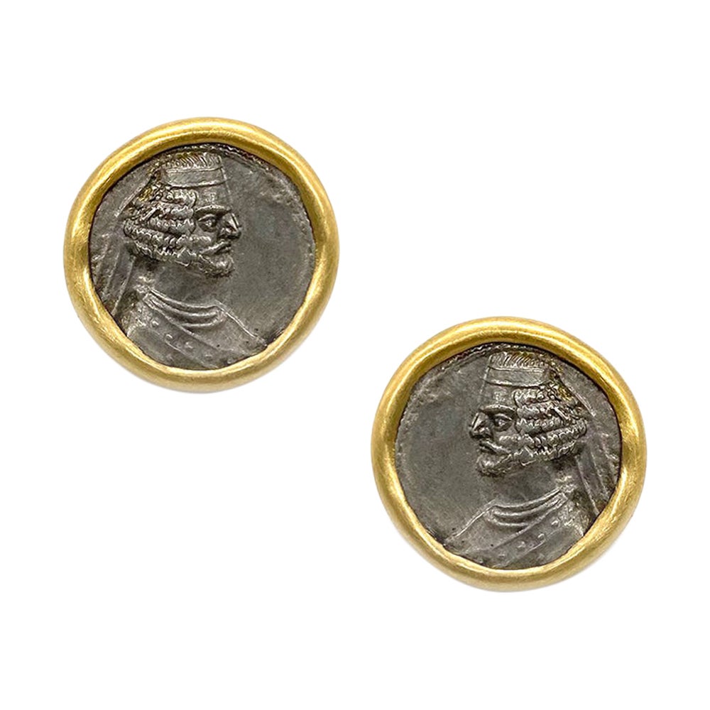 Boucles d'oreilles en argent avec pièce de monnaie parthienne et diamants de 0,08 carat en vente