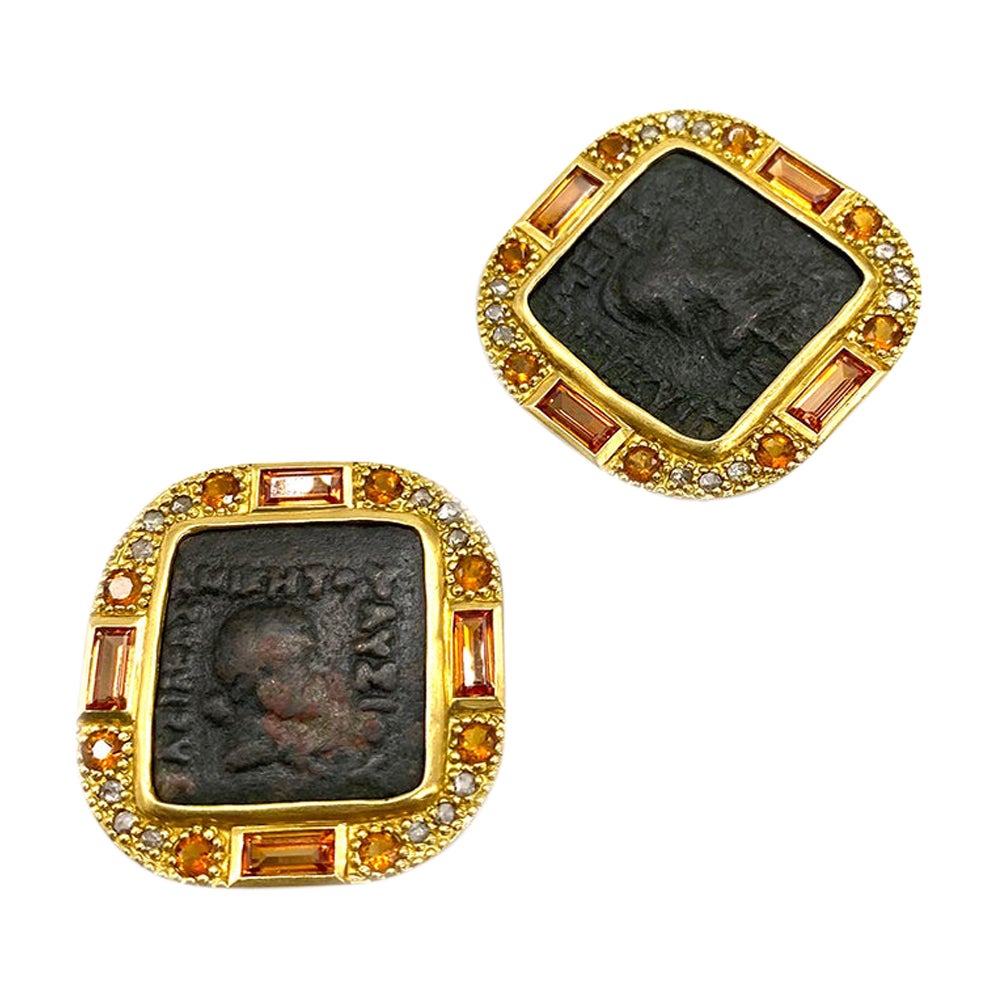 Coin Button Earrings Set in 20 Karat Yellow Gold with Antique Indo-Greek Coin For Sale