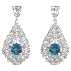 Round Blue Topaz Vintage Drop Dangle Filigree Earrings Diamond 14K White Gold