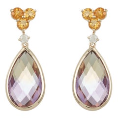 Pear Shape Ametrine Diamond Round Citrine Drop Dangle Earrings 14K Yellow Gold