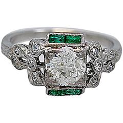 Antique Art Deco .75 Carat Diamond Emerald Platinum Engagement Ring