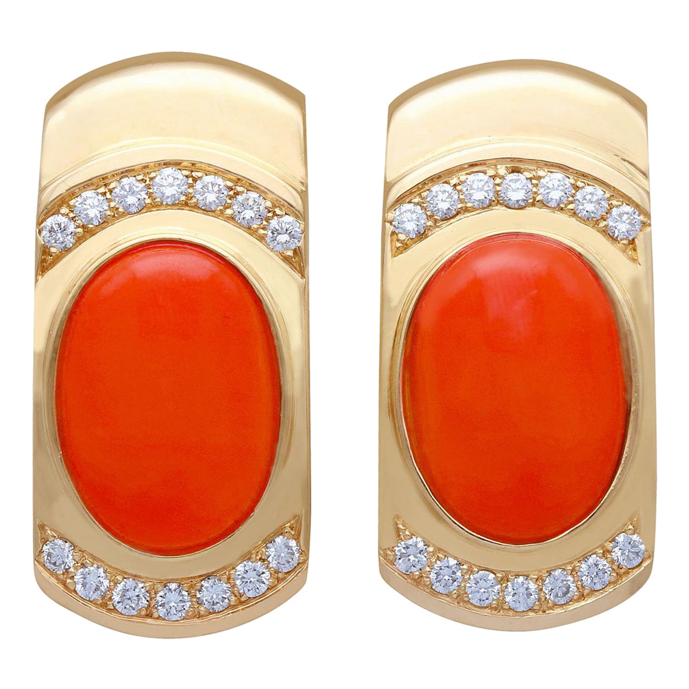 1970s Vintage 6.22 Carat Cabochon Cut Red Coral and Diamond Yellow Gold Earrings