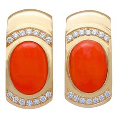 1970s Vintage 6.22 Carat Cabochon Cut Red Coral and Diamond Yellow Gold Earrings