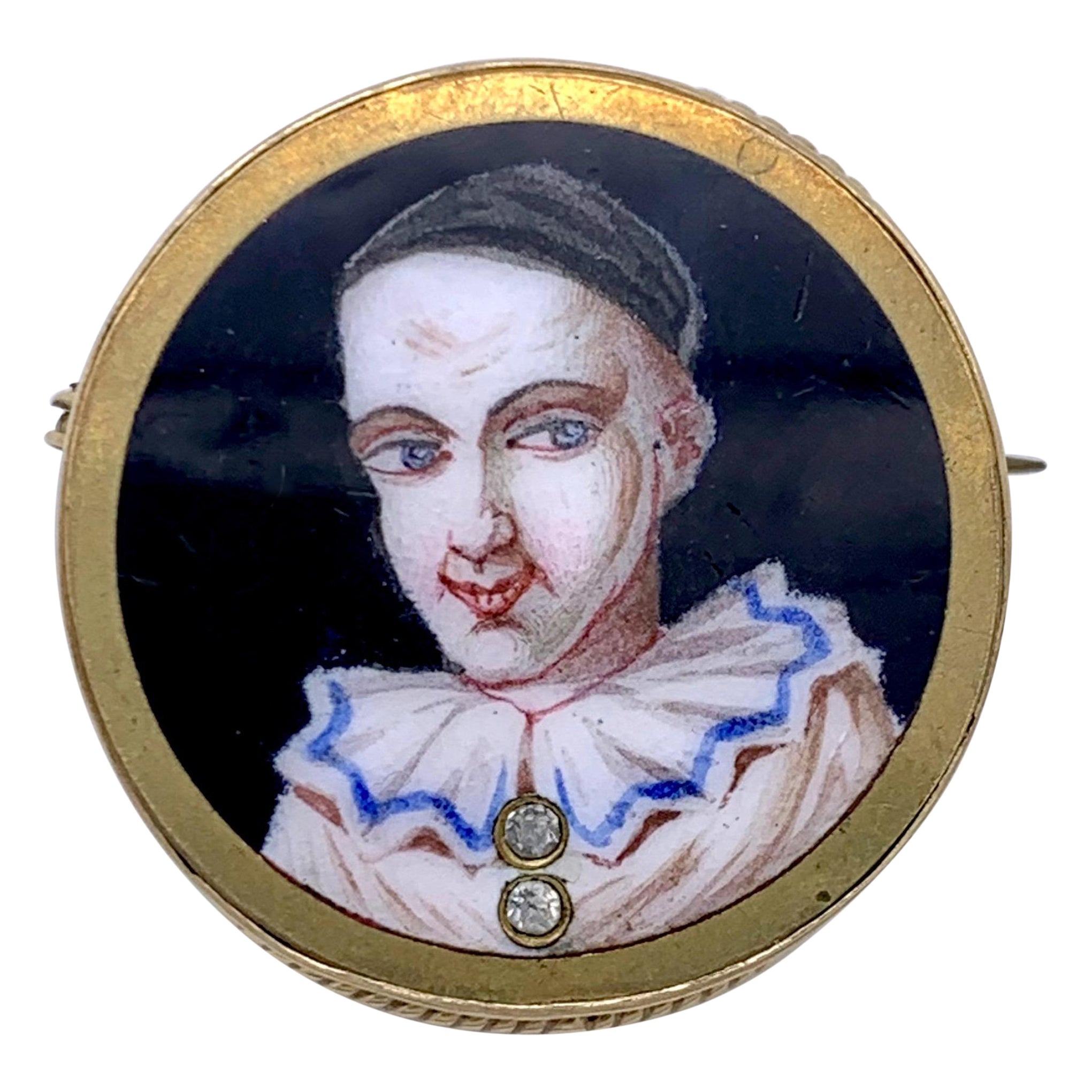 Retro Pierrot Enamel Diamond 9 Karat Gold Metal Brooch