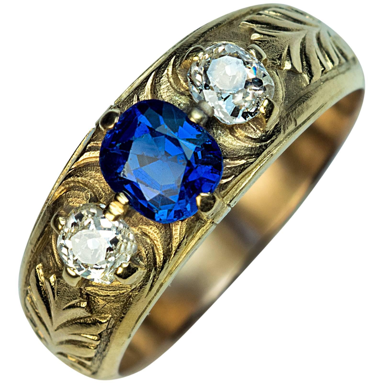 Antique Russian Three Stone Sapphire Diamond Men's Ring