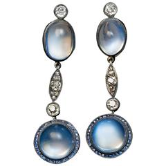 Antique Blue Moonstone Sapphire Diamond Pendant Earrings