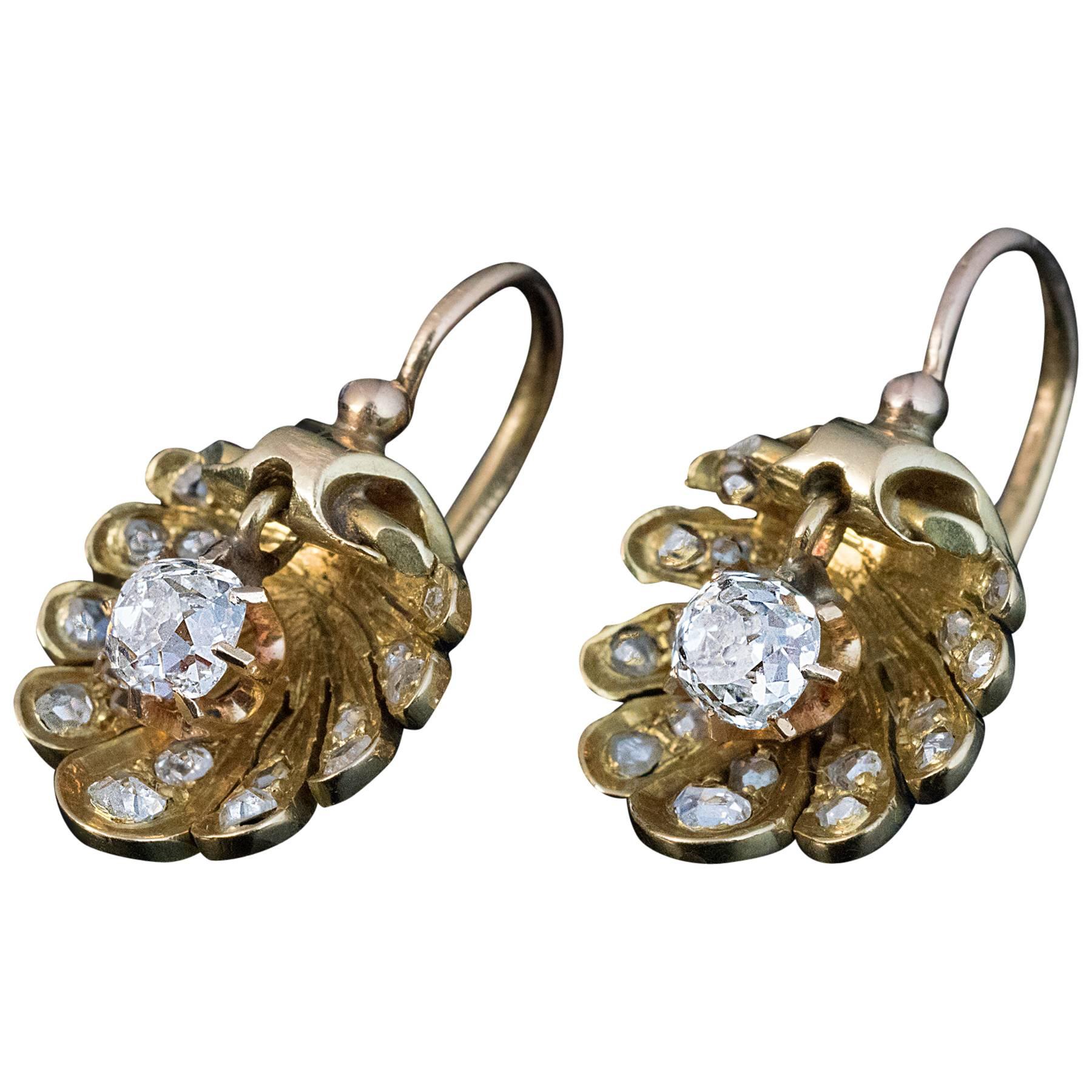 Antique Shell Shaped Diamond Gold Earrings