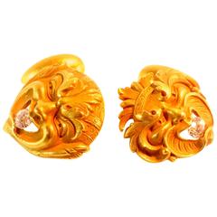 Antique Heavy Diamond Gold Gargoyle Faced Cufflinks 3