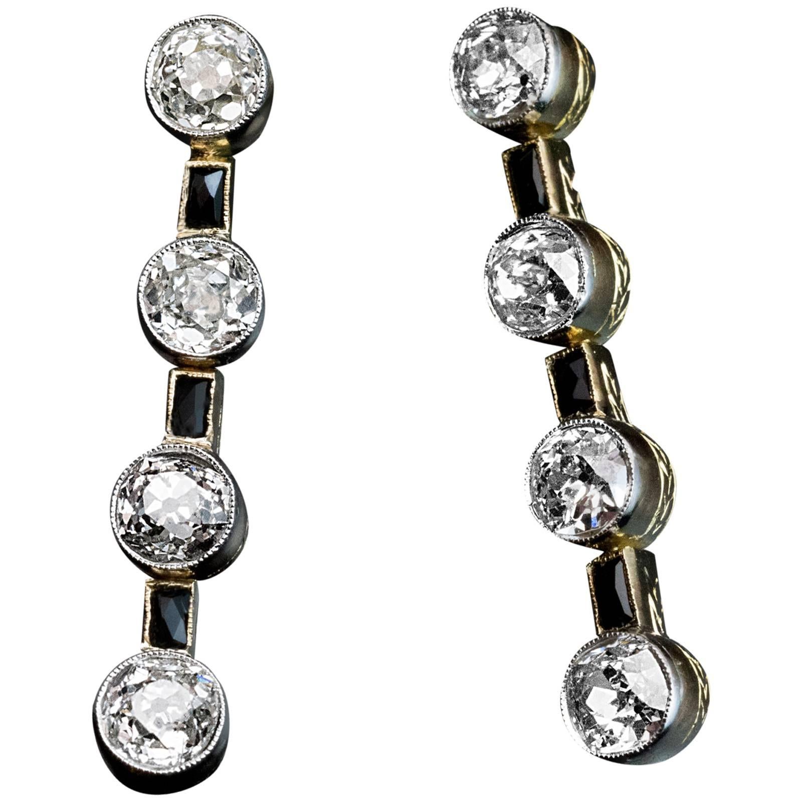 Art Deco Diamond Onyx Long Earrings