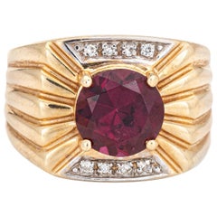 Garnet Diamond Ring Vintage 14 Karat Yellow Gold Square Mount Fine Men's Jewelry