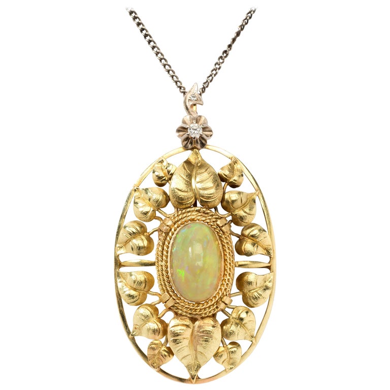 John Zerano Art Nouveau Opal Pendant with 14 K Yellow Gold Chain For Sale