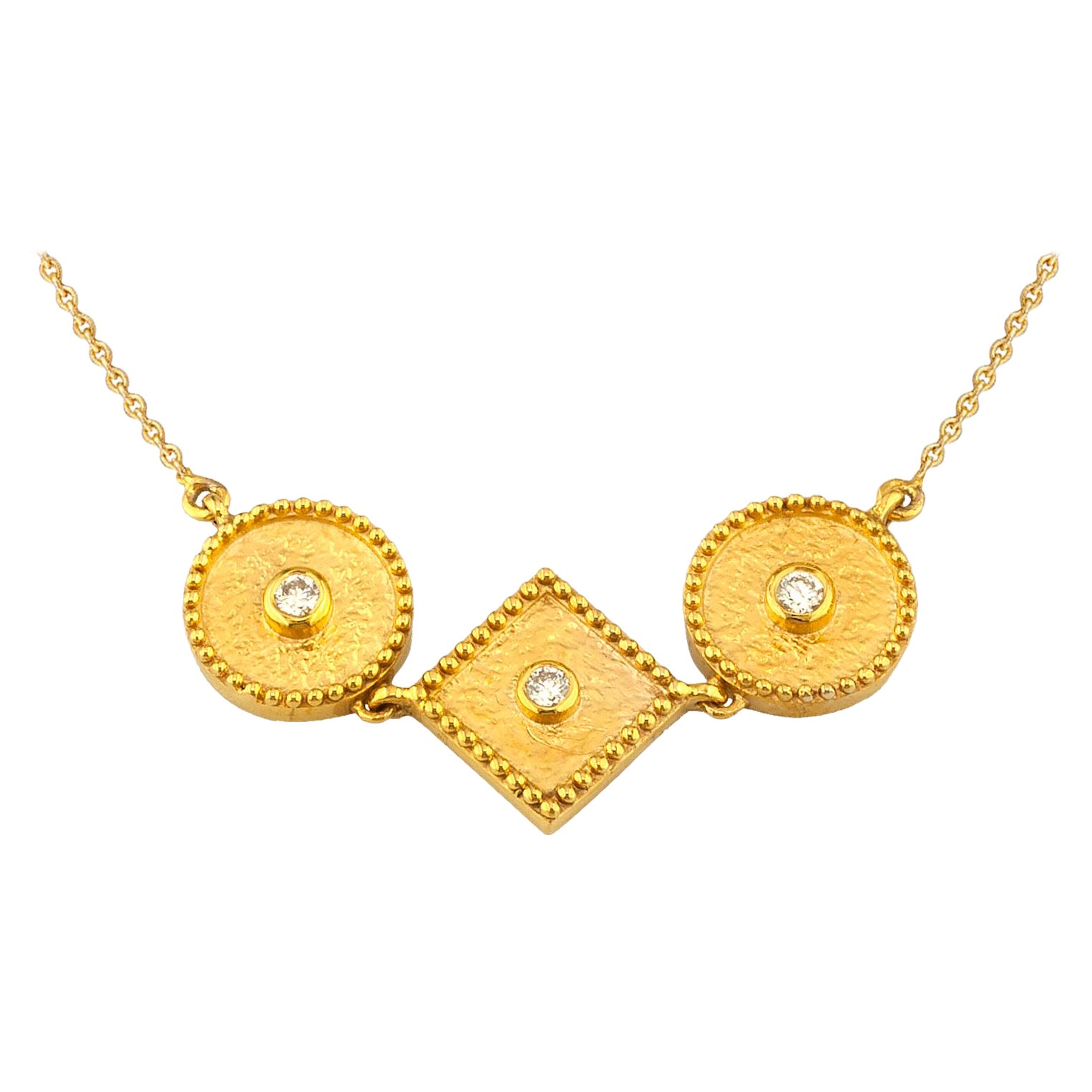 Georgios Collections 18 Karat Yellow Gold Diamond Three Stone Pendant Necklace For Sale