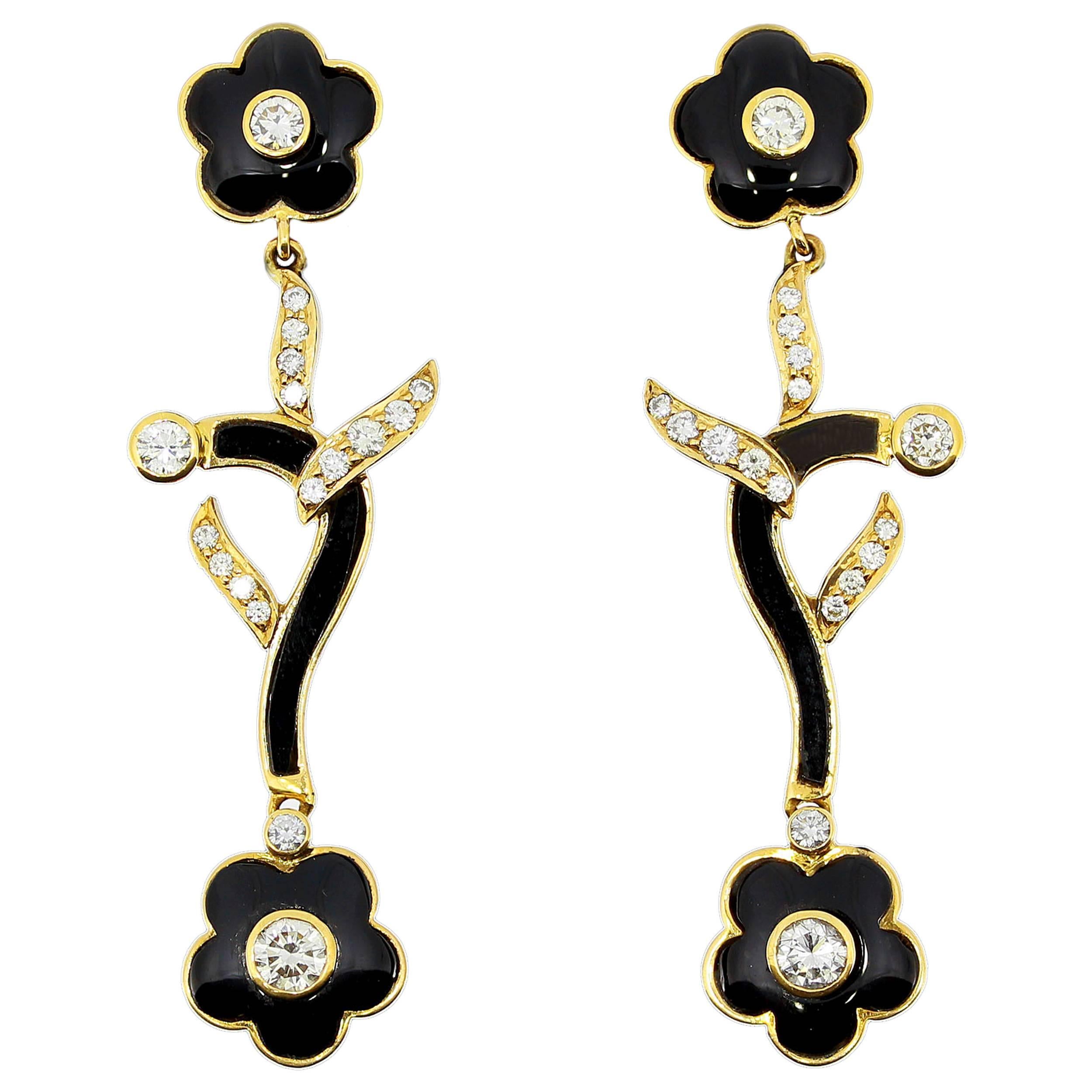 1990s Onyx and Diamond Dangle Gold Earrings For Sale