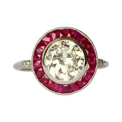 Vintage 1.5 Carat Diamond and Ruby Platinum Target Ring