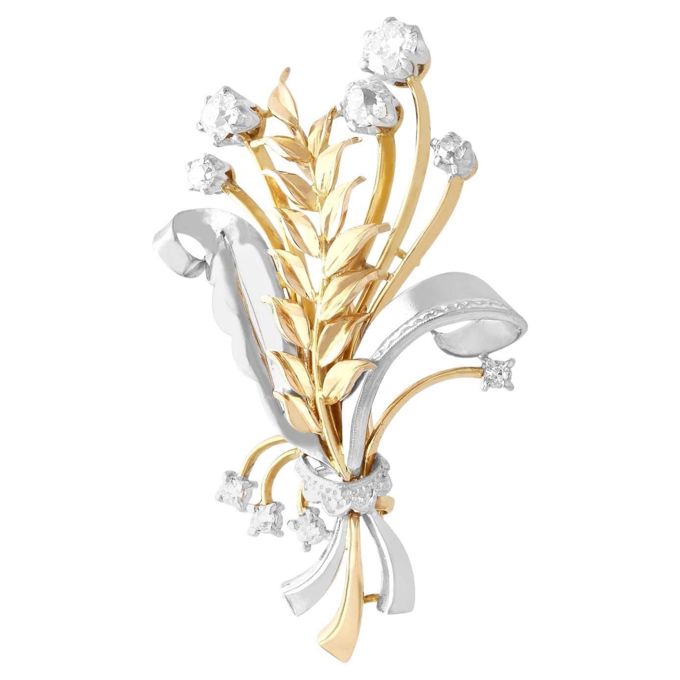 Vintage 1.40 Carat Diamond Yellow and White Gold Brooch, Circa 1950 For Sale