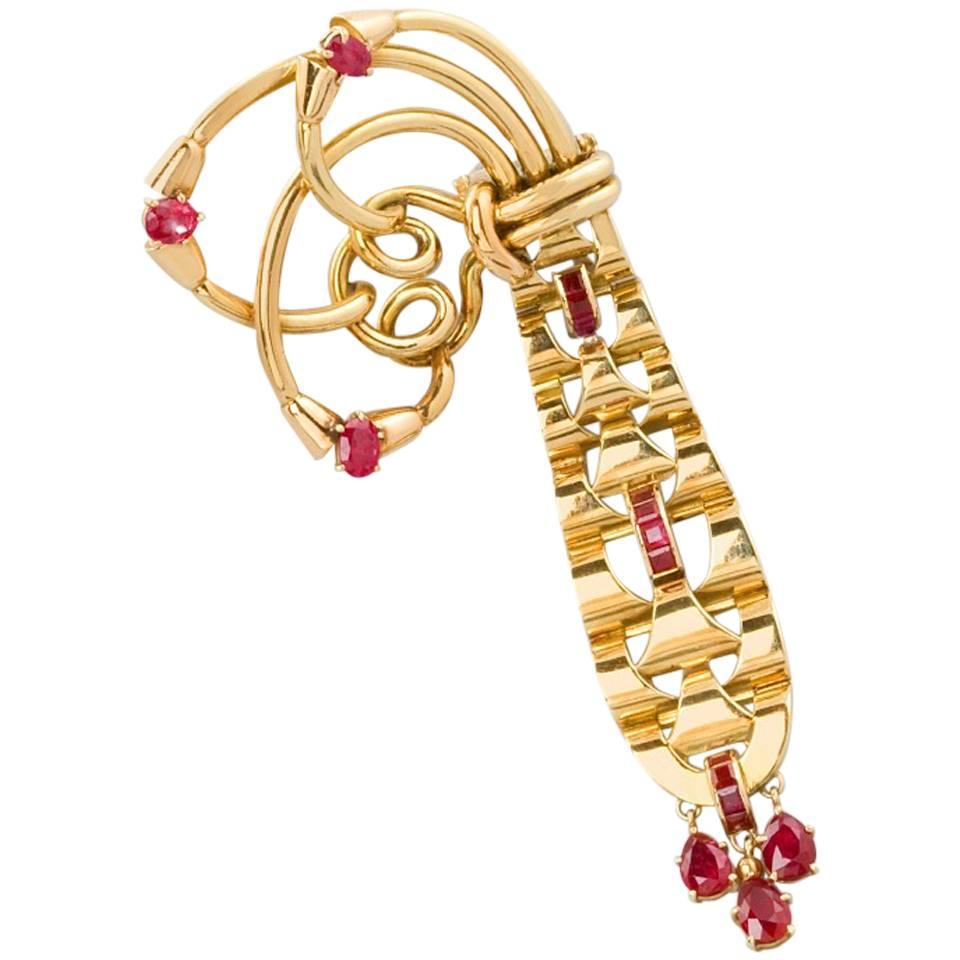 Mellerio dits Meller French Retro Gold and Ruby Brooch 