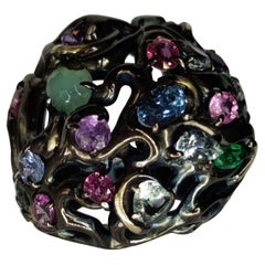  Emerald, Aquamarines and Sapphires d'Avossa Lace Ring in black silver and gold