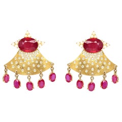 Rubies Diamonds Pearls Gold Whimsical Earrings, 2000