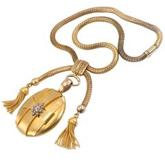 1890s Victorian Gold Tassel Necklace with Diamond Gold Locket