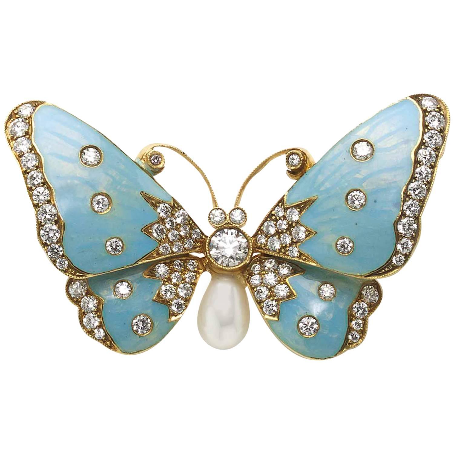 Enamel pearl diamond gold butterfly brooch 