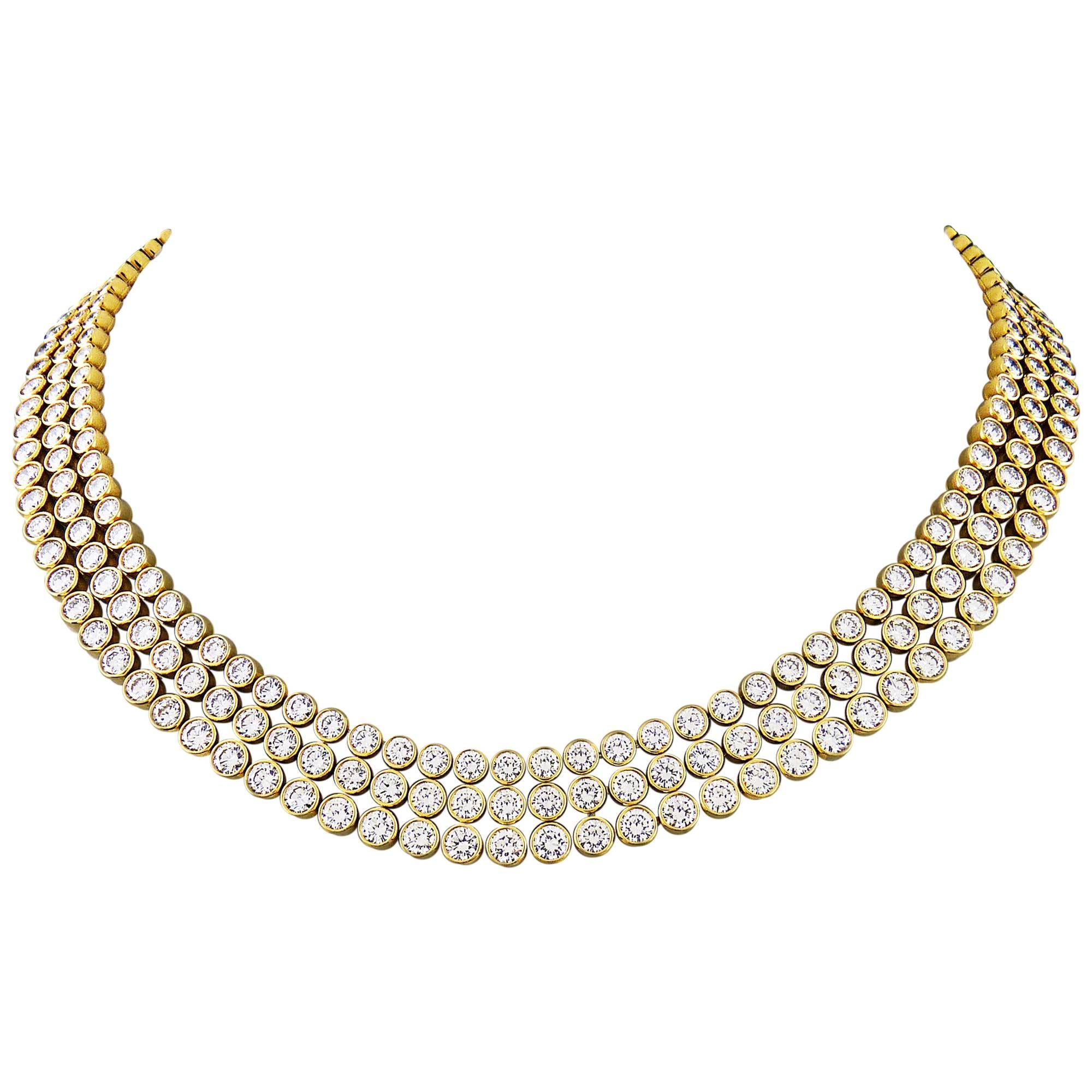 Harry Winston 3-Row Bezel Set Diamond Gold Necklace