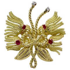 Tiffany & Co. 18K Yellow Gold Ruby & Diamond Brooch Pin 
