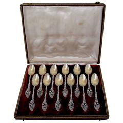 Ernie French Sterling Silver Vermeil Tea Coffee Spoons Set 12 pc w/box Rococo
