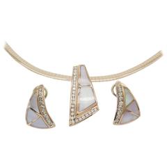Mother of Pearl Inlay Diamond gold Omega Slide and Earring Set