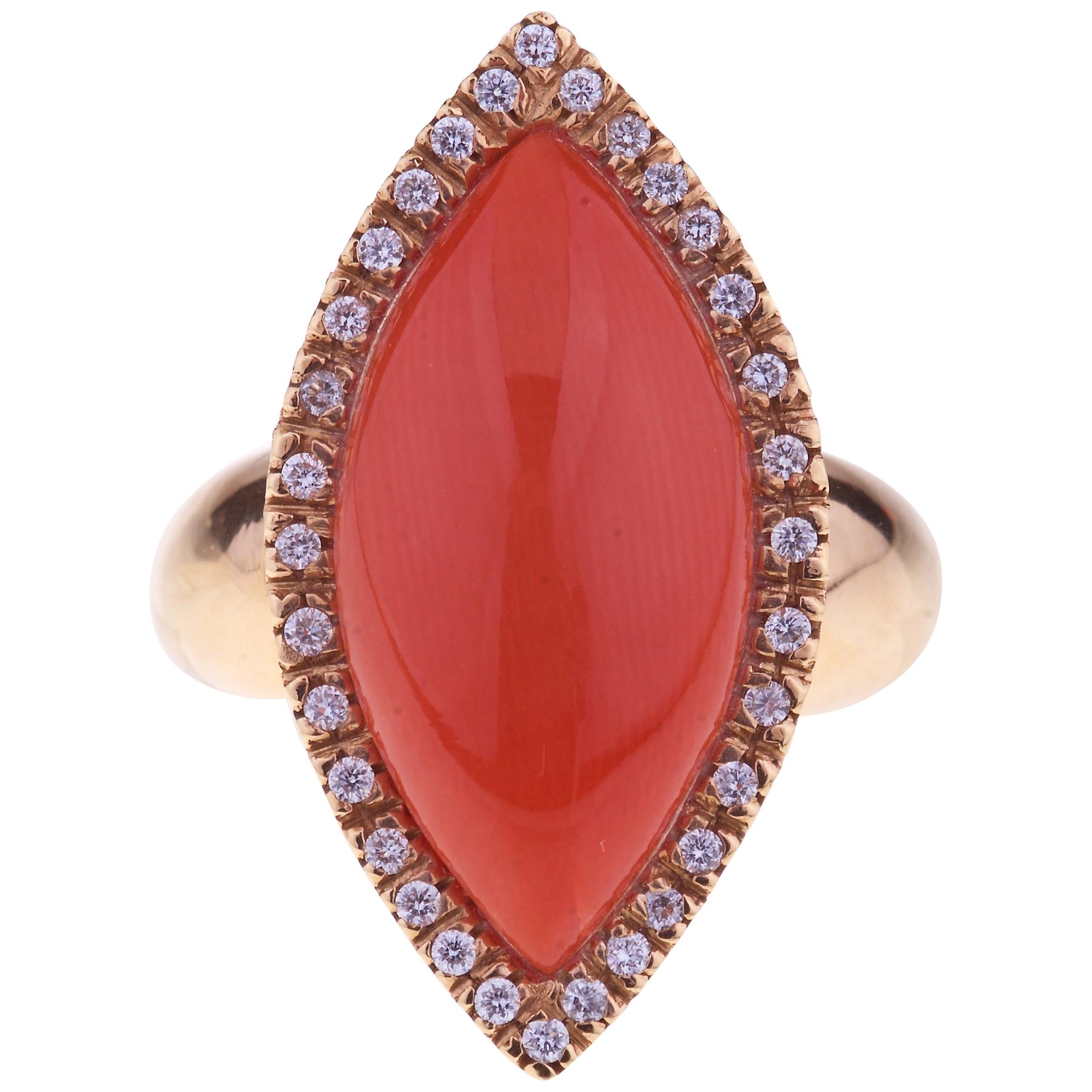 Rose Gold Ring with Marquise Mediterranean Coral and Diamond Border