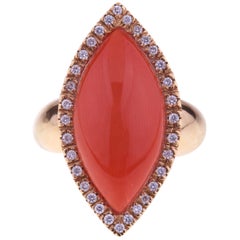 Rose Gold Ring with Marquise Mediterranean Coral and Diamond Border