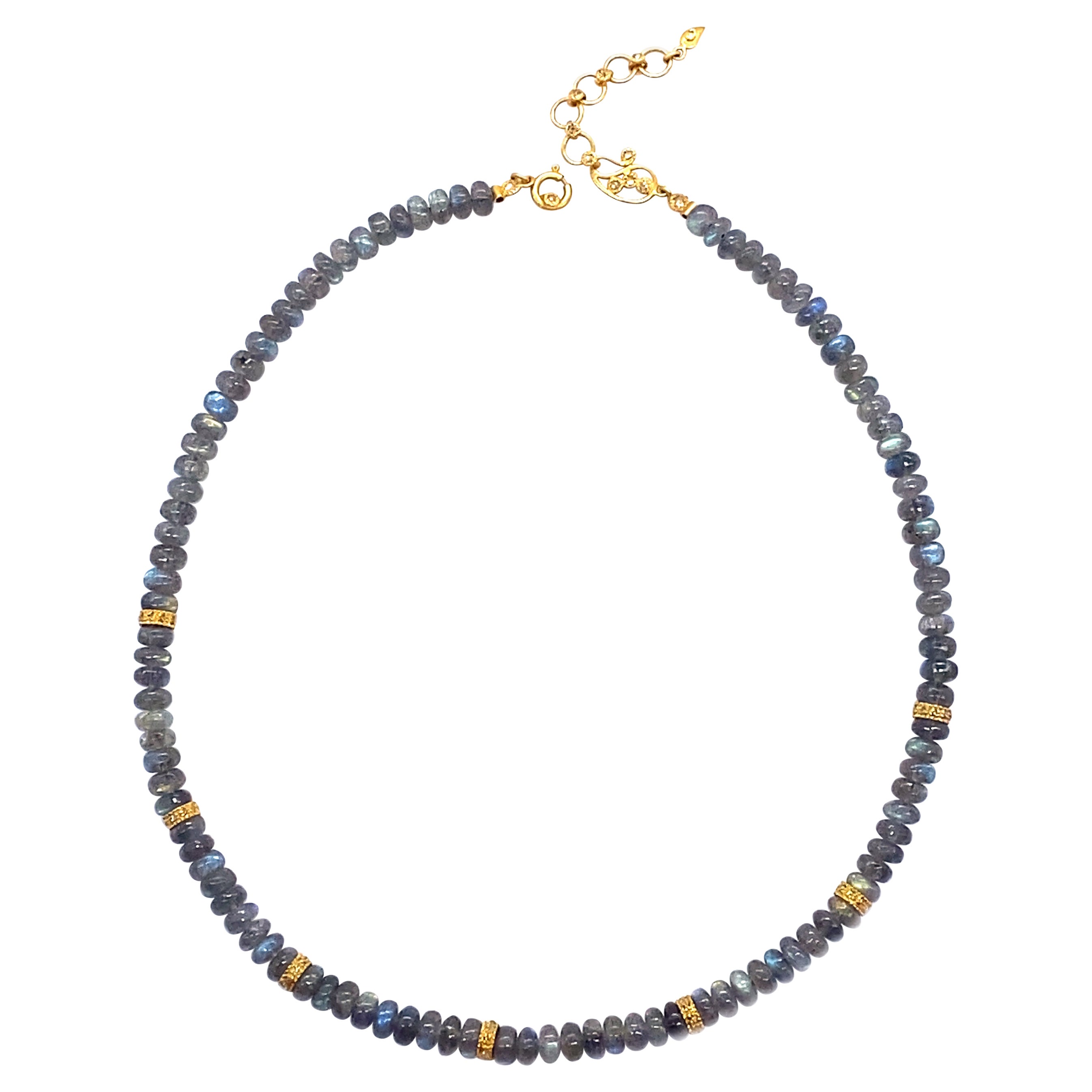 Beaded Labradorite and Gold Rose-Cut Ring Necklace with 0.57 Carat Diamonds