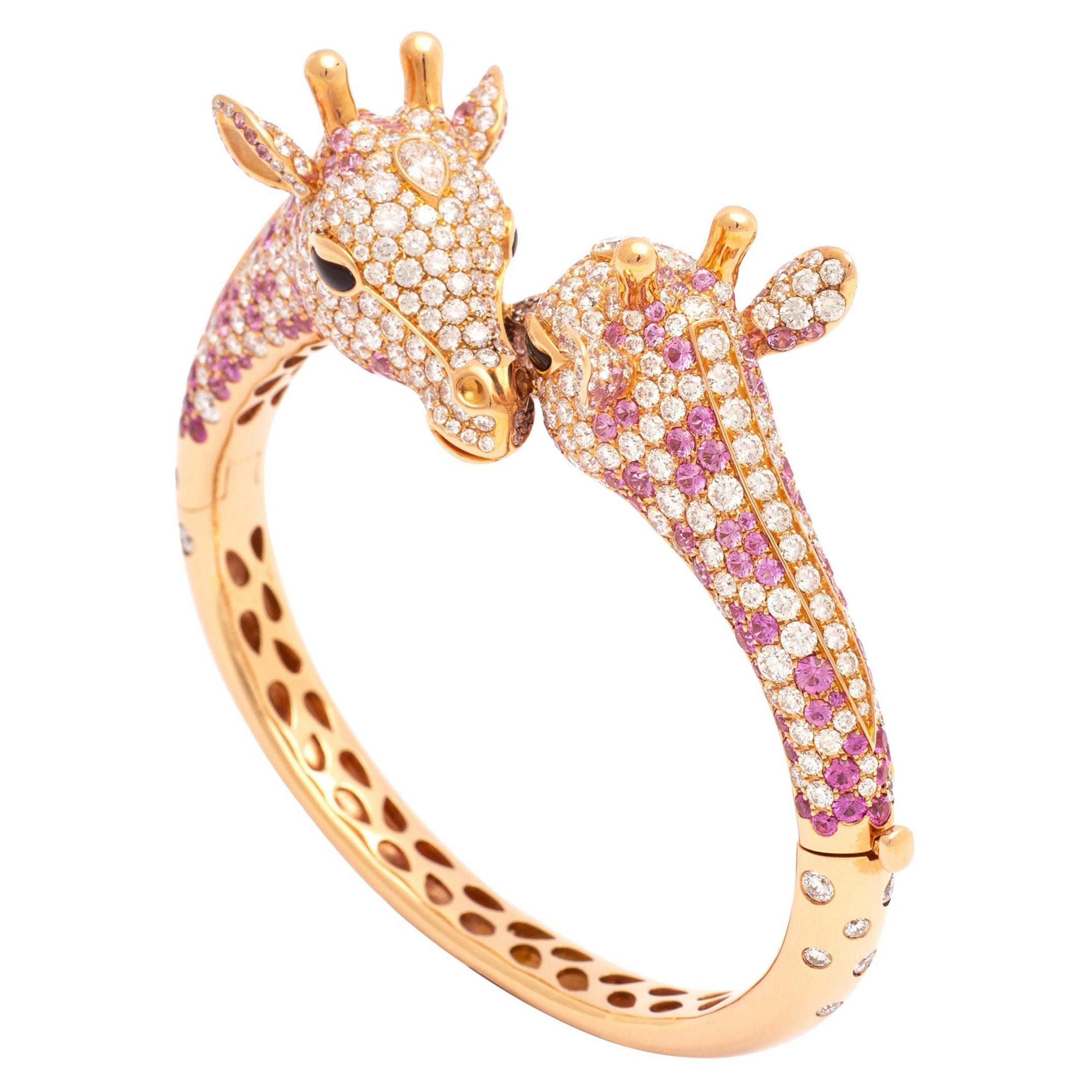 Goldarmband mit Giraffen-Diamant und rosa Saphir im Angebot