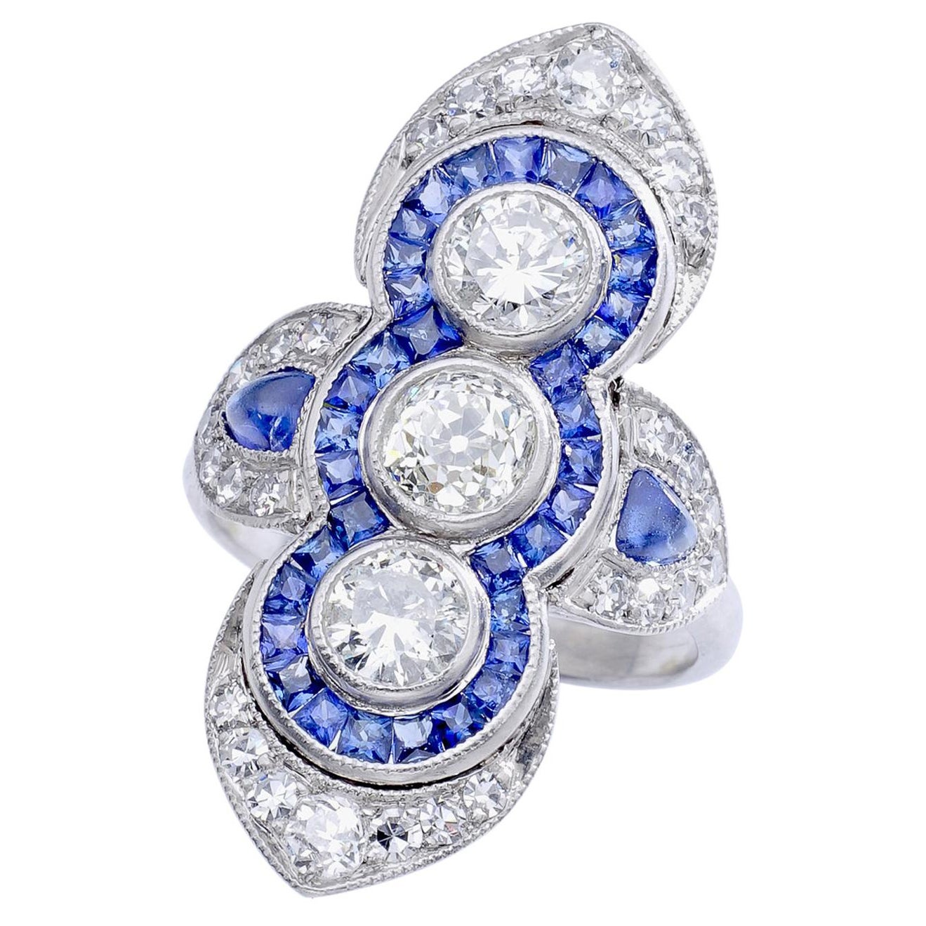 Art Deco Diamond Sapphire Platinum Ring For Sale