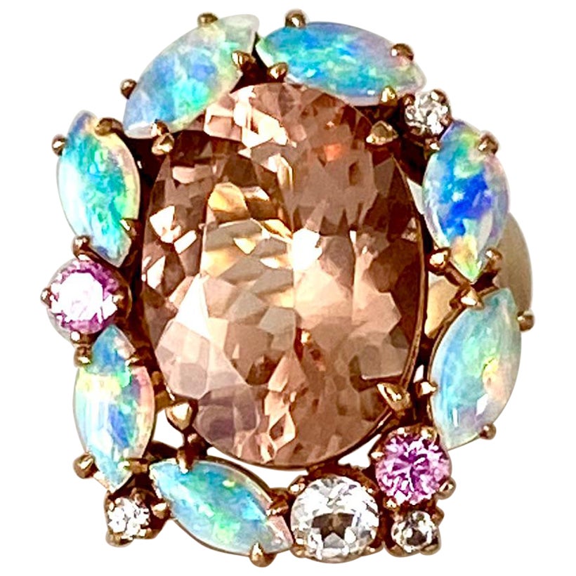 Morganite Opal and Sapphire Cocktail Ring in 18 Karat Rose Gold For Sale