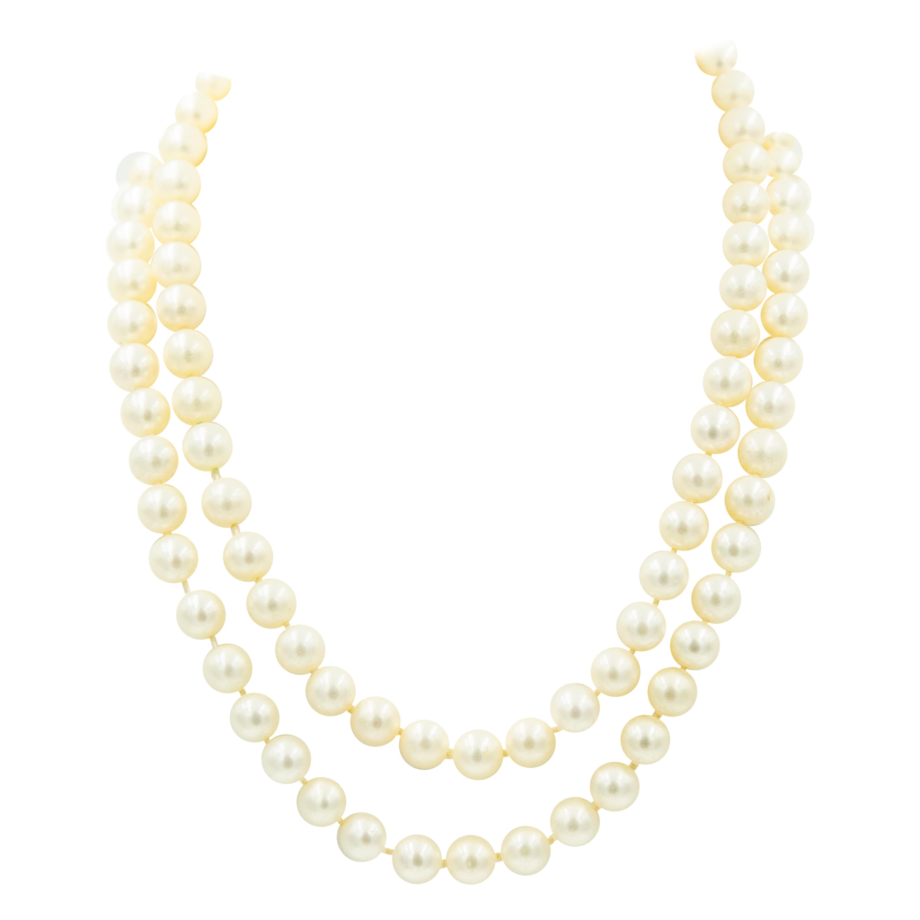 Double Strand Cultured Pearl Bead Necklace with Yellow Gold Square Clasp