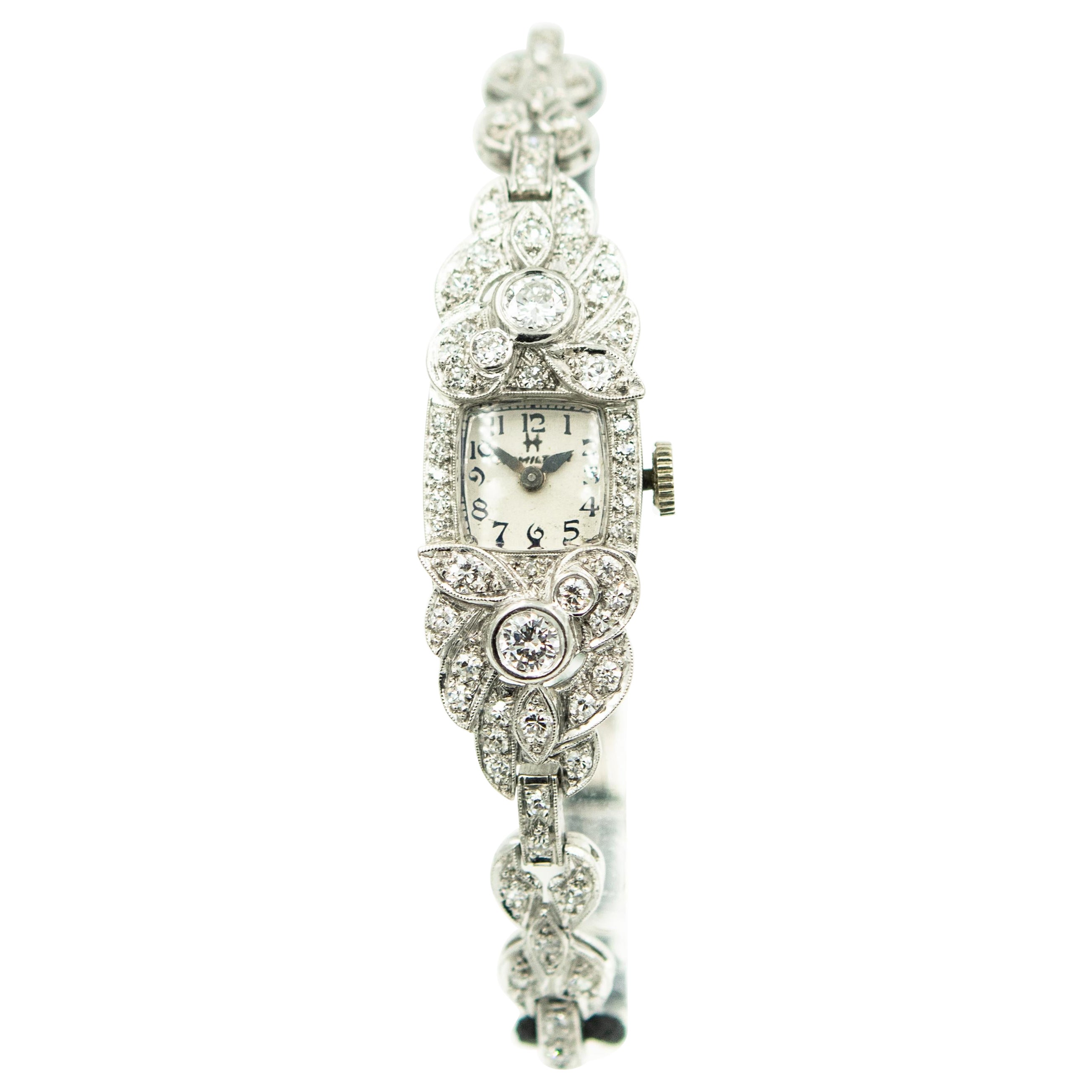 Hamilton Montre-bracelet habillée en platine avec diamants pour femmes, milieu du XXe siècle en vente