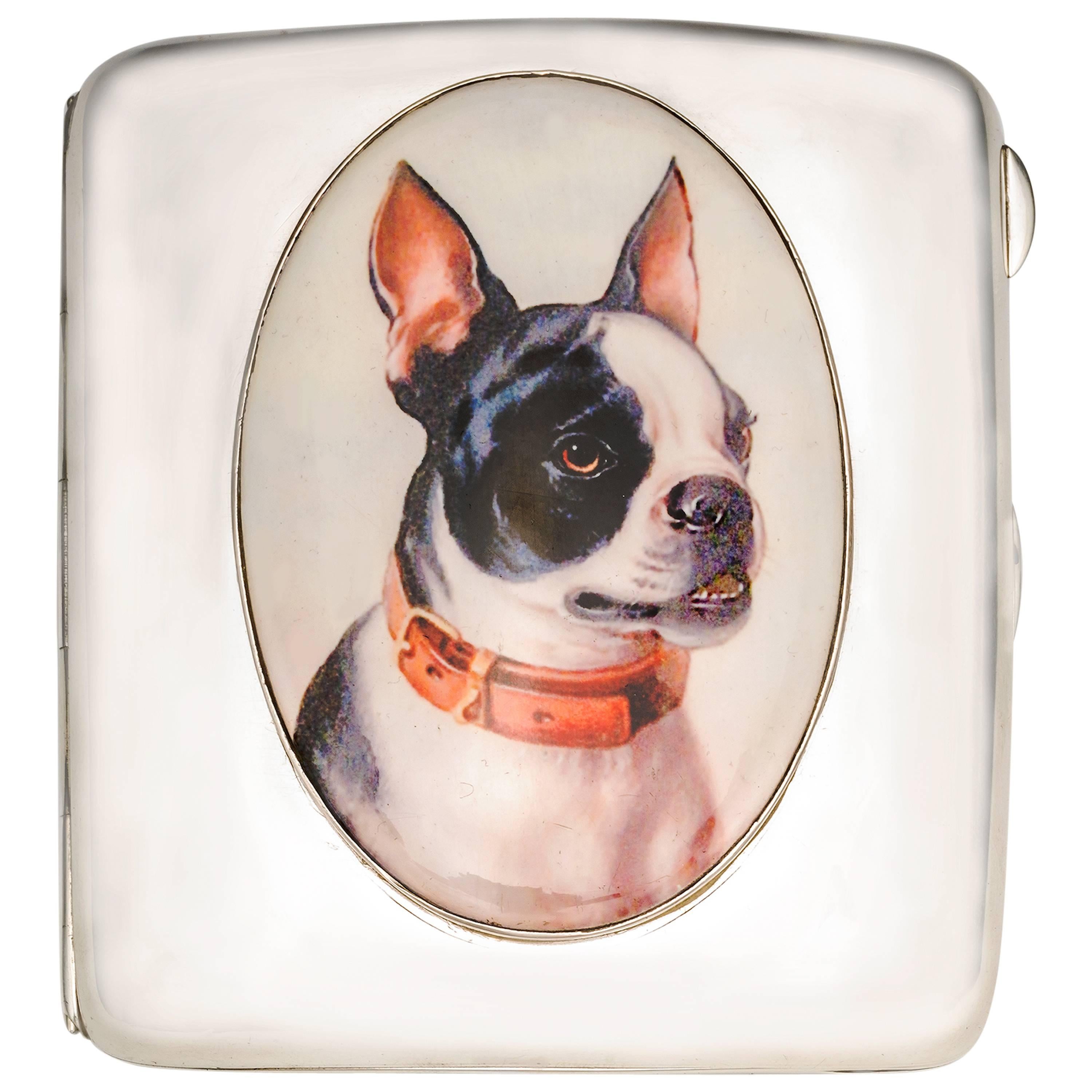 Antique French Bulldog enamel Sterling Case For Sale