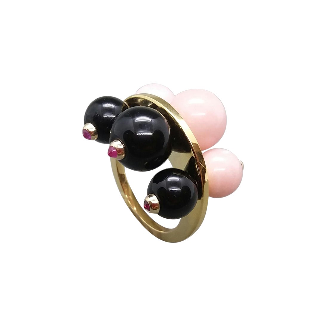 for Shaira Gold Black Onyx and Pink Opal Round Beads Rubies Black Diamonds Ring For Sale